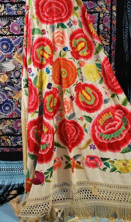 Antique Beautiful Hand Embroidered Spanish Manton Shawl
