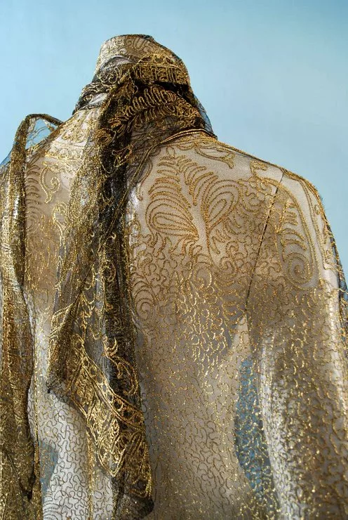 Deco 1920s-1930s Burnished Gold Metallic Embroidered Lace Cape or Shawl