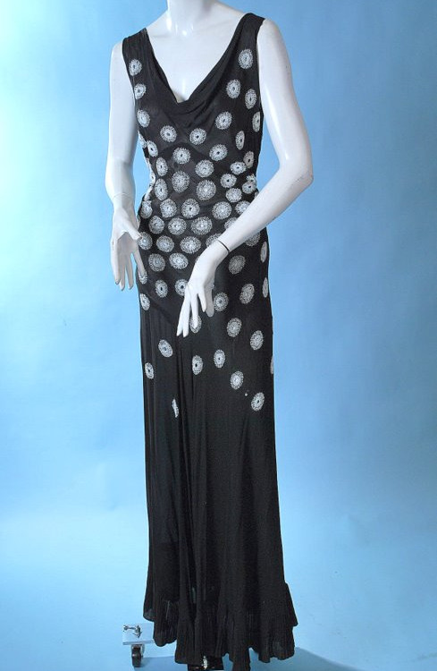 Vintage 1930s Graceful Silk Chiffon Evening Gown With Beaded Circles