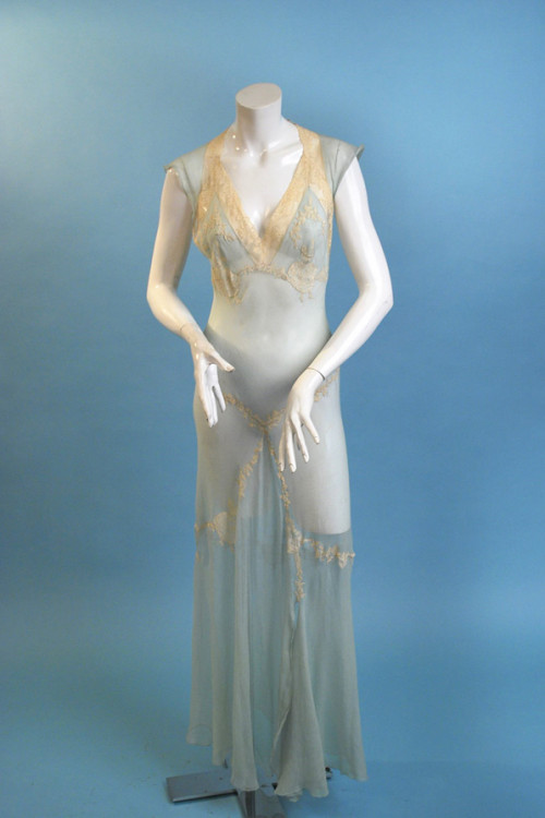 1920s Light-As-A-Feather Light Blue Silk Georgette With Dancing Lady Motif