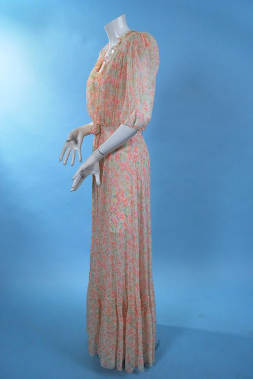 1930s Fluttery Ruffled Pastel Floral Silk Chiffon Peignoir Set