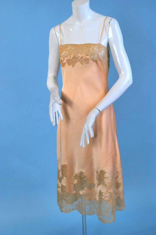 Antique 1920s Soft Peach Silk and Alencon Lace Slip