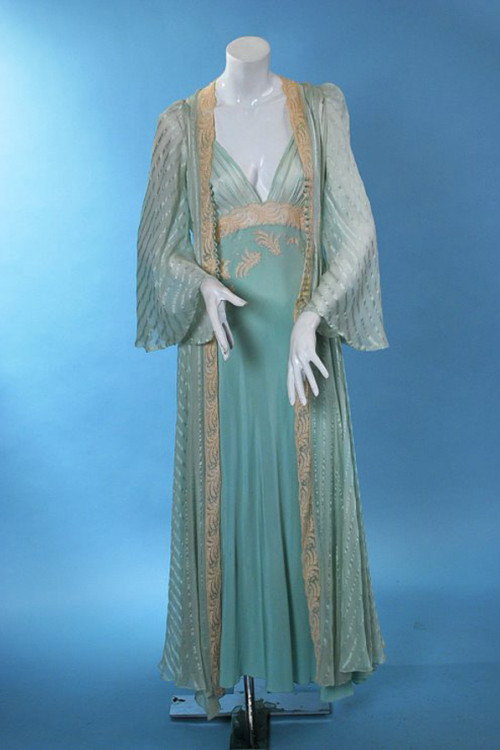 Vintage Luxurious Ribbon Weave Silk in Seafoam Green with Lace Peignoir Set