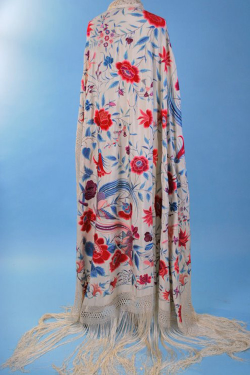 Antique Vibrant Lavishly Embroidered Canton Piano Shawl