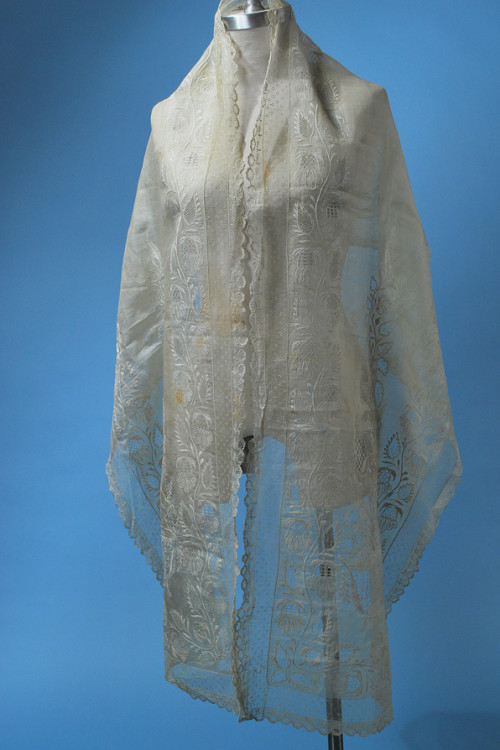 Antique Tree Of Life Embroidered Stole Shawl On Pina Cloth