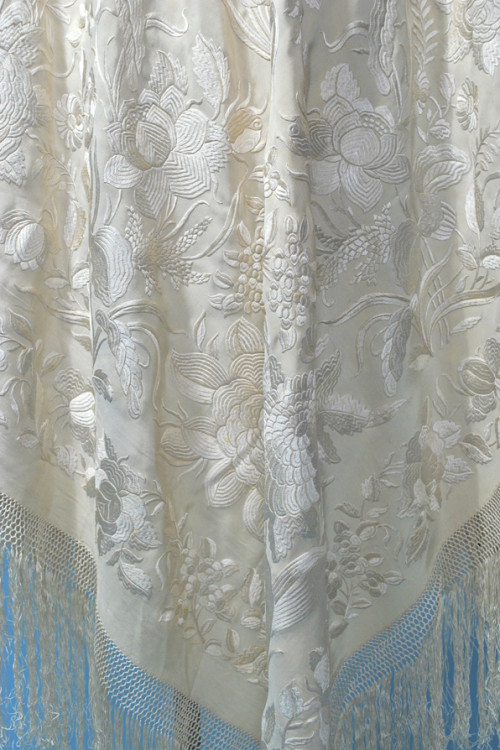 Antique (c. 1900) Elegant Cream On Cream Heavily Embroidered Canton Wedding Shawl
