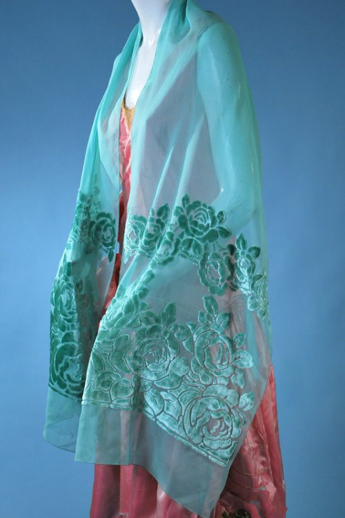 Deco 1920s Luminous Teal Green Cut Velvet Silk Chiffon Shawl Stole