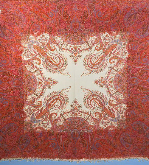 Antique (c. 1860) White Center Jacquard Paisley Pretty Arabesques Shawl
