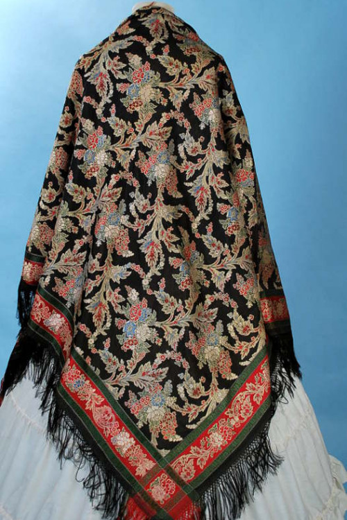 Antique 1830-40 Impressive Silk Polychrome Brocade Large Shawl
