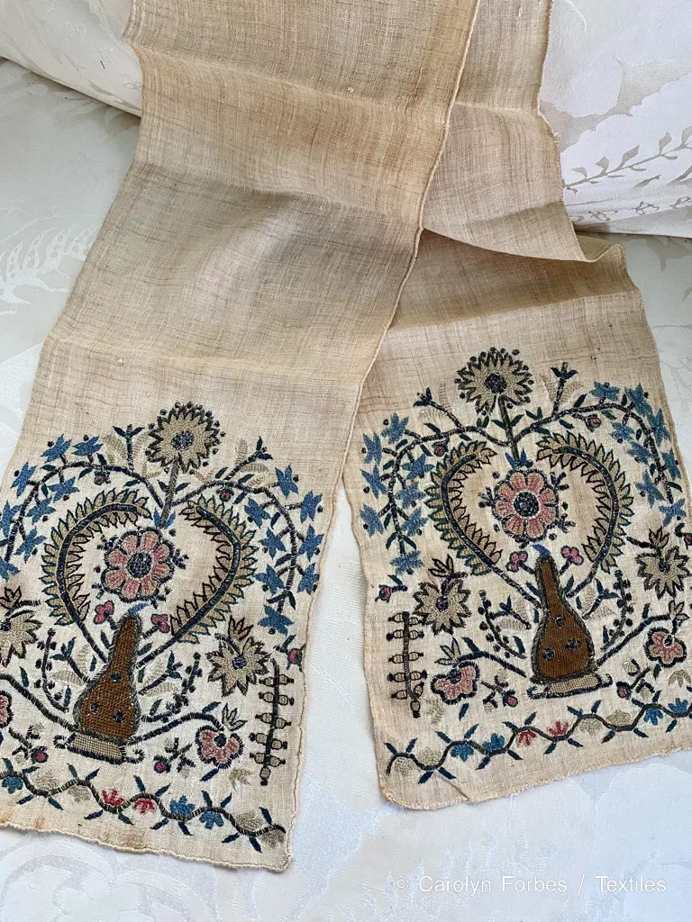 Ottoman Botanical Embroidered Linen Sash Silver Metallic Accents 19thc