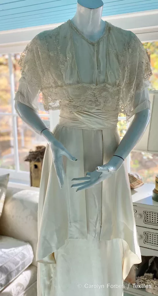 Edwardian Silvery White Peau de Soie Wedding Dress with Lace