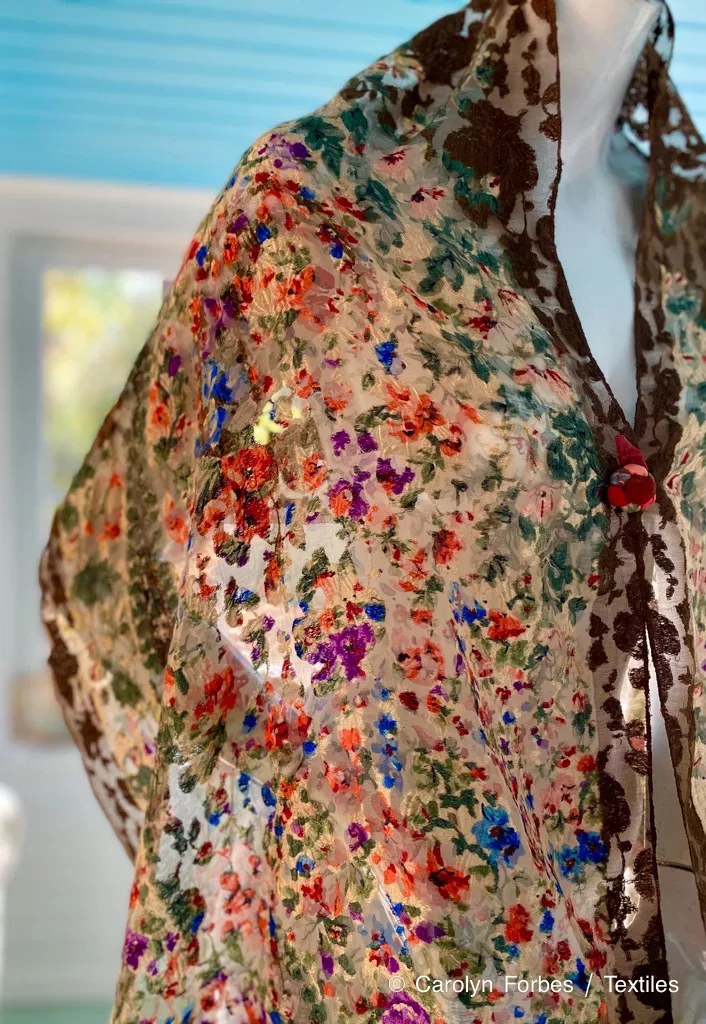 Liberty of London Antique Brocaded Silk Floral Print Long Scarf Art Textile