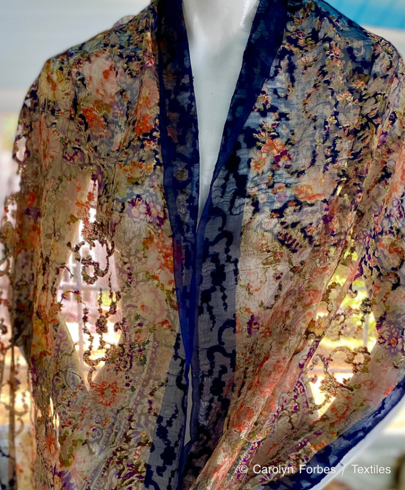 Vintage Liberty of London Printed Chiffon & Beaded Long Shawl Art Textile