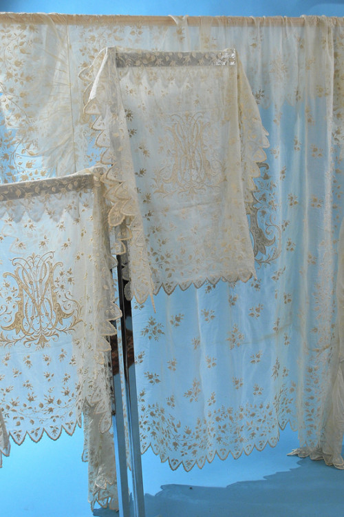 Antique 19th Century French White Work Spread and Shams with Roses on Handkerchief Linen