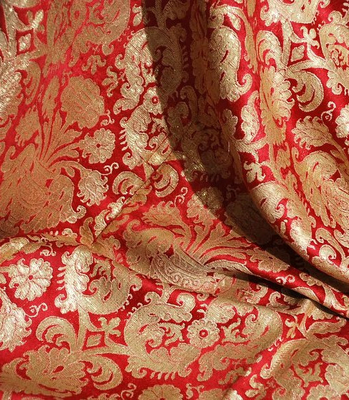 Antique 18th Century Continental Silk Fragment in Garnet with Gold Tinsel