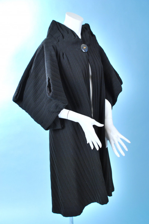 Vintage 1930s Black Ribbed Wool Bias Cut Coat Unlabelled Couture