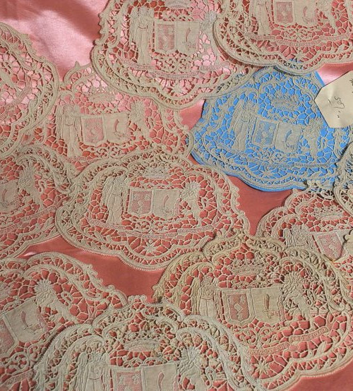 Antique French Needlepoint Lace Armorial Mats Set of 12