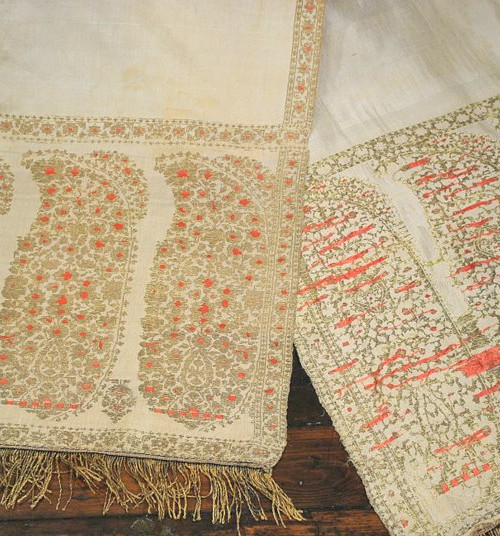 Antique Indian or Kashmiri Gold Metallic and Silk Twill Kashmiri Long Shawl