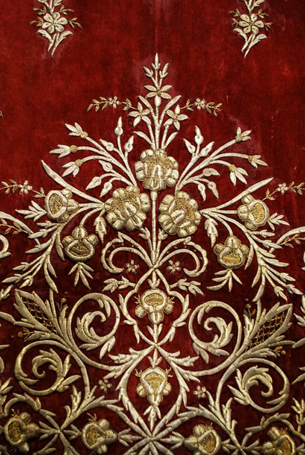 Antique Ottoman Gold Thread Densely Embroidered Large Panel On Burgundy Velvet