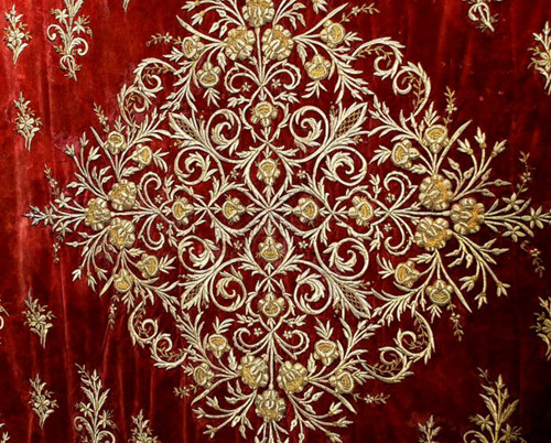 Antique Ottoman Gold Thread Densely Embroidered Large Panel On Burgundy Velvet