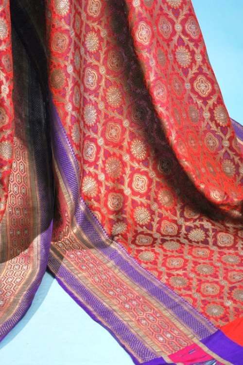 Antique Early 20thc Luxurious Benares Sari with Silver Wrapped Thread