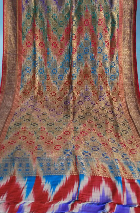 Antique Rare Ikat Warp Gilt Silver Silk Brocaded Benares Wedding Sari