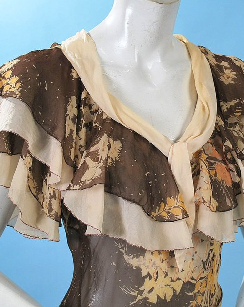 1930s Gamine Floral Silk Chiffon Party Dress Layered Ruffled Collar