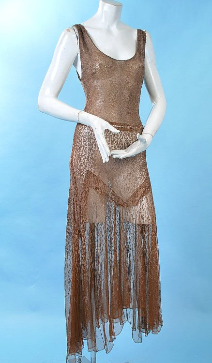 1930s Graceful Cinnamon Colored Beaded Net Evening Dress