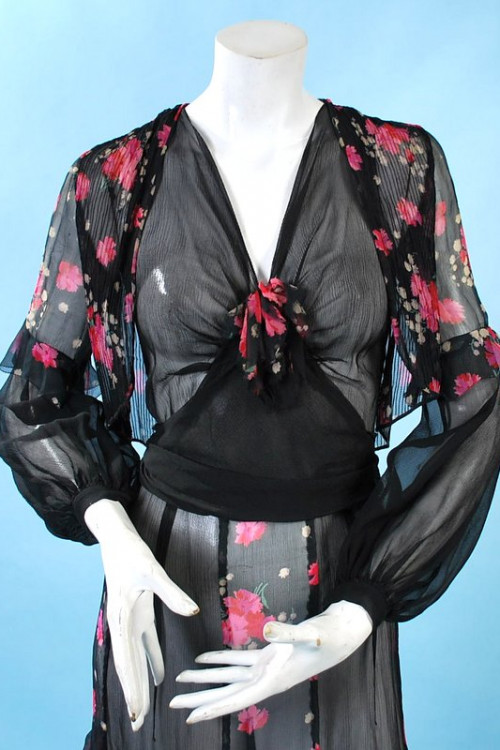 1930s Romantic Gypsy Floral Silk Chiffon Party Dress