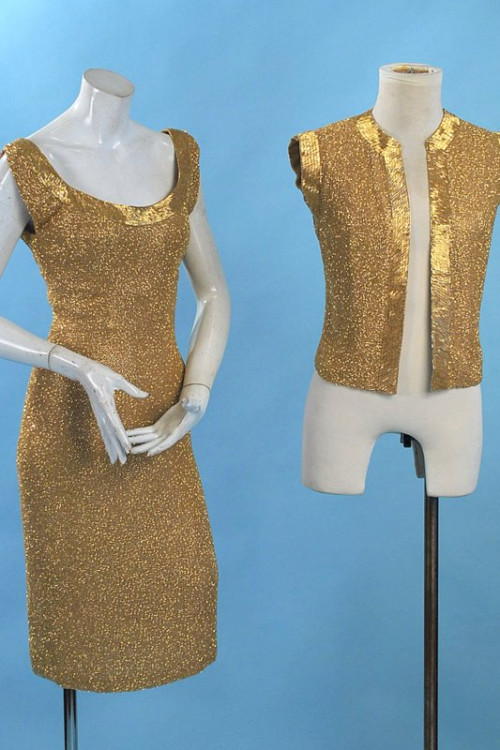 1960s Helen Rose Dazzling Gold Beaded Party Dress and Jacket