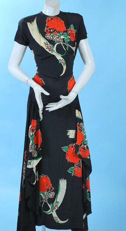 Splashy Vintage 1940s Printed Fluttery Rayon Sarong Gown