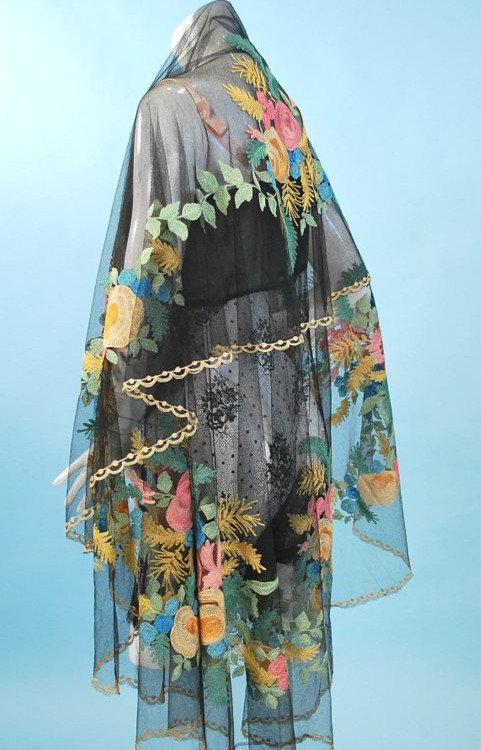 Antique Floral Pastel Embroidered Spanish Net Shawl